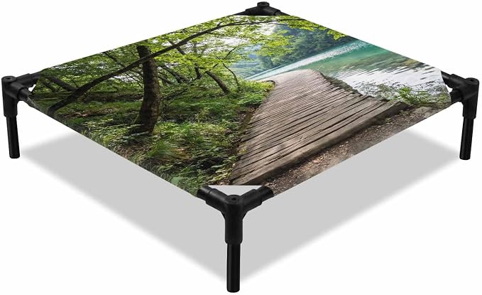 Outdoor Elevated Dog Bed for Small Dogs, Nature Scenery Breathable Cooling Raised Dog Cot for Indoor/Outdoor, Forest Walkway Lake Trees Spring View Waterproof Elevated Pet Beds, S 20 x 20 in