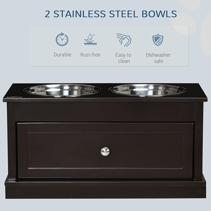 PawHut Large Elevated Dog Bowls with Storage Drawer - 11L Capacity, Raised Dog Bowl Stand Feeding Station, Brown | Raised Dog Bowl Stand, Pet Food Bowl, Pet Feeding Station