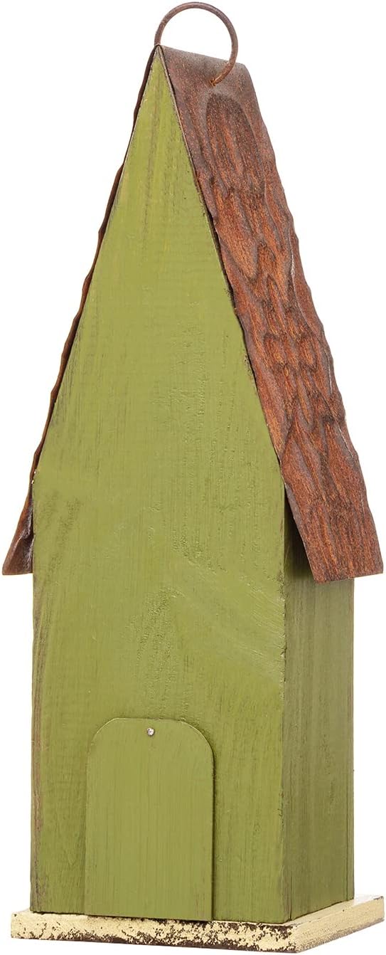 Glitzhome Bird Houses for Outside, 13.25" H Distressed Green Solid Wood Bird House Pet Cottage Hand Painted Hanging Bird House for Outdoors