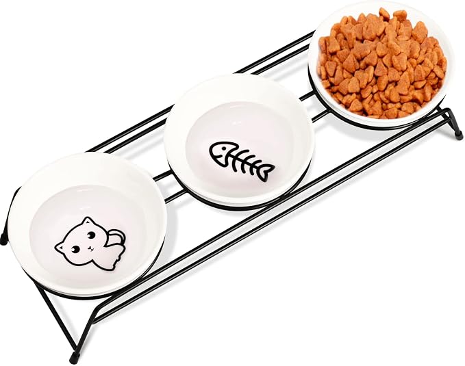 Anti-Vomiting Raised Cat Bowls - 3 × 13 oz Ceramic Food & Water Bowls with Non-Slip Stainless Steel Stand, Dishwasher Safe for Indoor Cats & Puppy