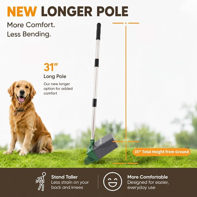 Neater Pet Brands Lift N’ Bag 2.0 Dog Pooper Scooper with Bag Attachment & 31" Pole for Small to Large Dogs, New Longer Pole, 195 Refill Bags, Heavy Duty Dog Poop Scooper for Yard, One-Hand Use