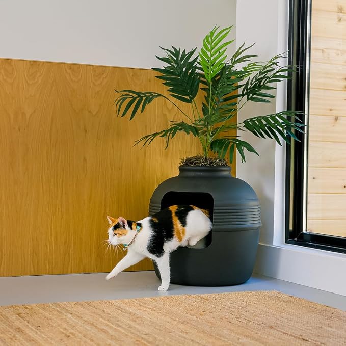 Good Pet Stuff Original Hidden Litter Box Planter, Decorative Cat Litter Enclosure with Carbon Filter, Artificial Palm Plant, Upgraded Design, Easy to Clean, Base Kit, Black Suede
