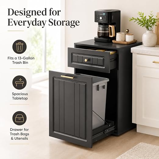 13 Gallon Pull Out Trash Can Cabinet with Drawer | Hidden Wooden Garbage Cabinet for Kitchen, Freestanding Modern Farmhouse Waste Bin Holder, Black