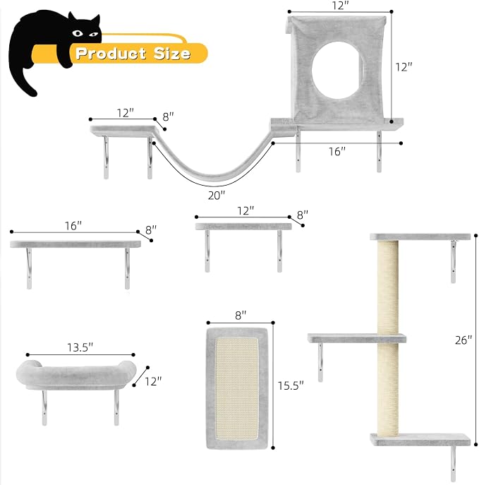 12-in-1 Cat Wall Shelves, Luxury Wall-Mounted Cat Climber Set with Condos House, Scratching Post, Bridge Ladder, Indoor Space-Saving Furniture for Kittens，Gray