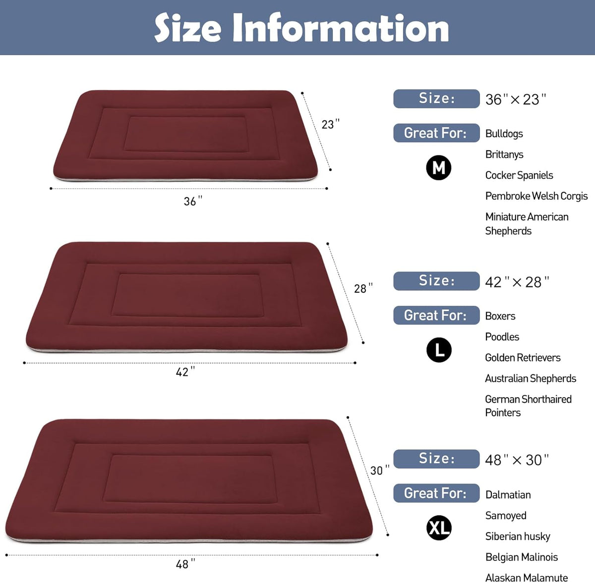 JoicyCo Dog Bed Soft Dog Crate Bed Pad Mat, 36 in Non Slip Bottom Washable Dog Beds for Medium and Large Dogs, Pet Bed Mattress Kennel Pad, Dark Red