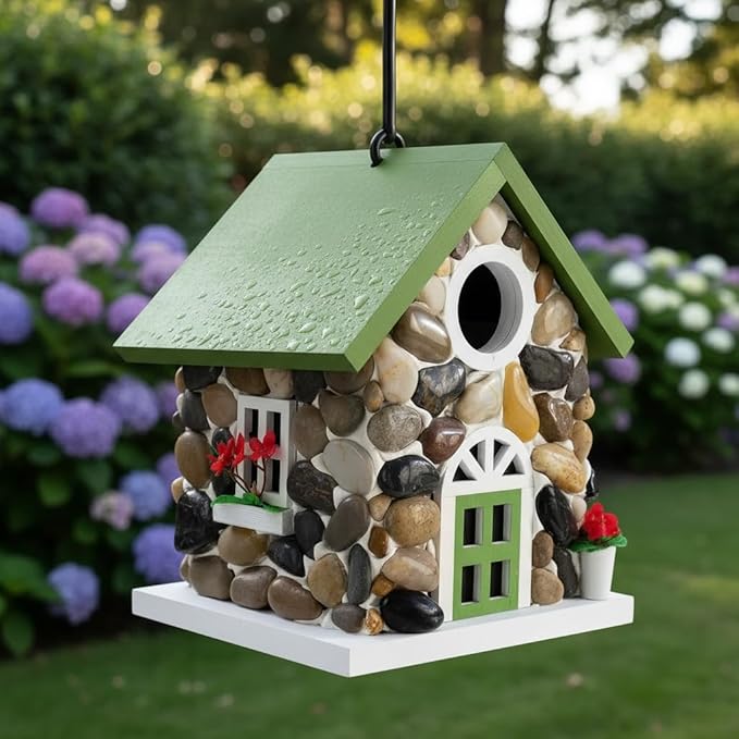Masterpiece Bluebird House for Outside Clearance,Hanging Bird House for Outdoor, Stone Villa, River Pebbles Birdhouse for Outside, Garden Statue Solid Wood Longtime Lasting, Post Pole Mountable