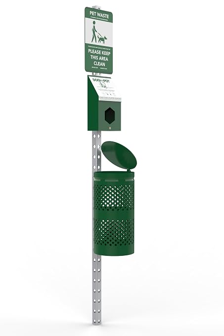 Dogipot 1003HP-L Pet Station Includes Sign, Header Pak Dispenser, Steel Receptacle, Header Pak Bags and Liner Trash Bags, Forest Green