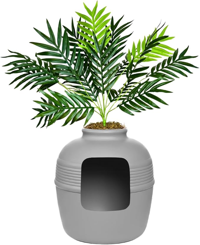 Good Pet Stuff Original Hidden Litter Box Planter, Decorative Cat Litter Enclosure with Carbon Filter, Artificial Palm Plant, Upgraded Design, Easy to Clean, Base Kit, Stone Gray