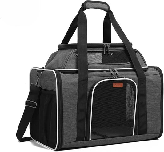 19" Large Pet Carrier for Cats & Small Dogs up to 25 lbs, Airline Approved Soft-Sided Dog Travel Bag, Top Expandable with Breathable Mesh, Washable Liner & Safety Tether. (Grey)