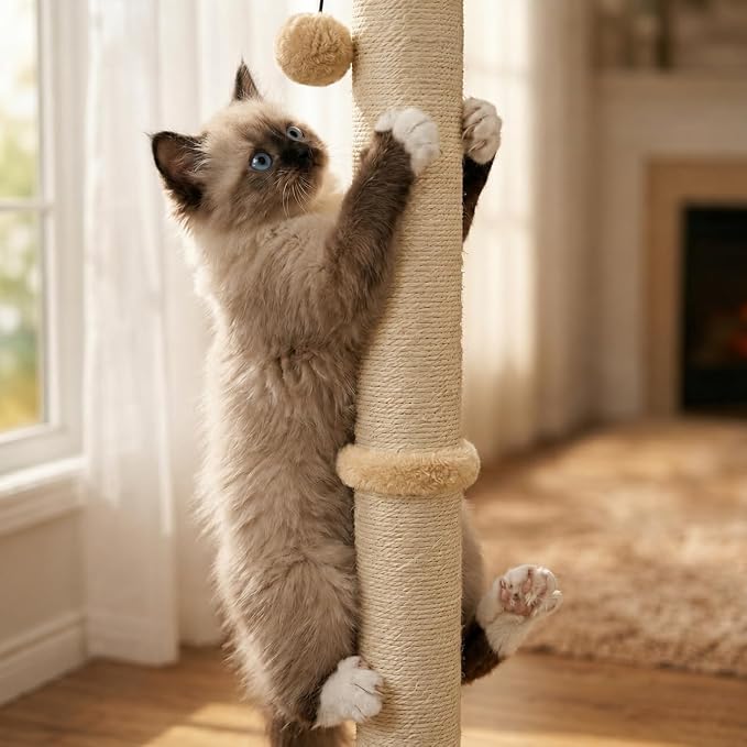 Dimaka 34" Height Tall Cat Scratching Post, Claw Scratcher with Sisal Rope and Covered with Soft Smooth Plush, Vertical Scratch [Full Strectch] (Light Brown, 34 inches for Large Cats)