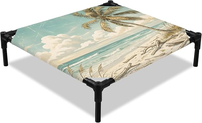 Outdoor Elevated Dog Bed for Small Dogs, Palm Trees Breathable Cooling Raised Dog Cot for Indoor/Outdoor, Beach Summer Blue Ocean Sky Natural Landscape Waterproof Elevated Pet Beds, S 20 x 20 in