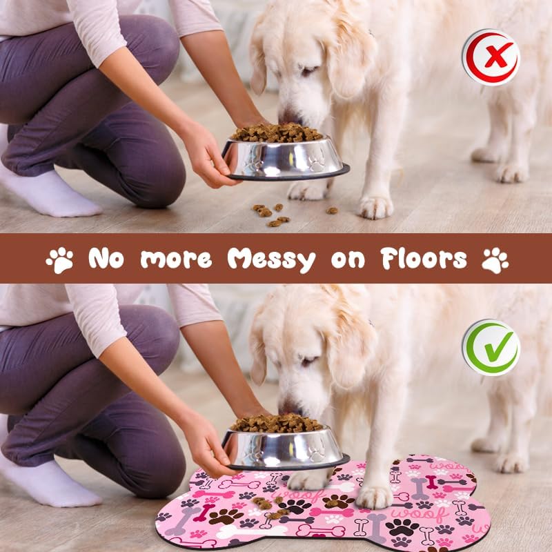 Dog Food Mats for Floors Waterproof, Pet Feeding Absorbent Water Bowl Mat Cat Placemats Pink Bone Shape 19 * 12 inch