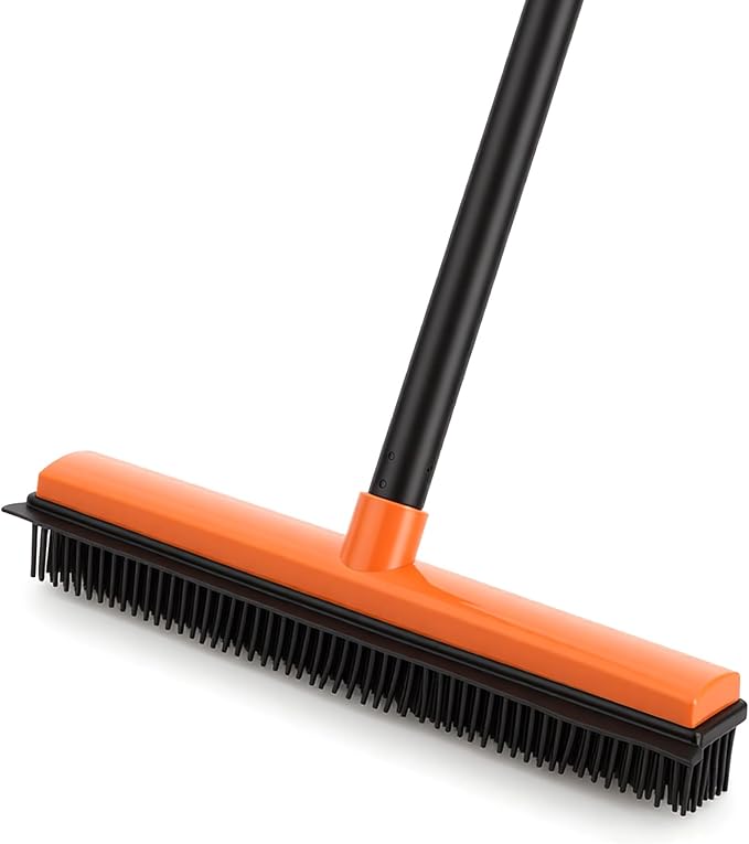 CLEANHOME Rubber Broom for Pet Hair on Carpet & Hardwood | With squeegee, removes pet hair from carpets & stairs, rubber bristles, works on hardwood & tile, adjustable handle