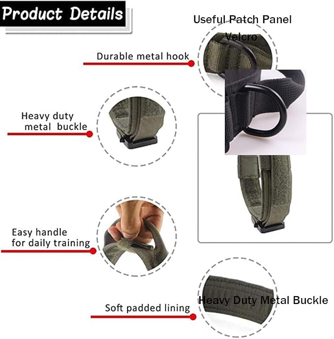 Tactical Dog Collar and Leash Set Adjustable Military Nylon Dog Collar with Control Handle and Heavy Duty Metal Buckle for Large Dogs（Green XL | 1000D Heavy-Duty Nylon Fabric,Quick-Release Metal Buckle,Adjustable Fit,Soft-Padded Webbing,D-Ring,for Trai...
