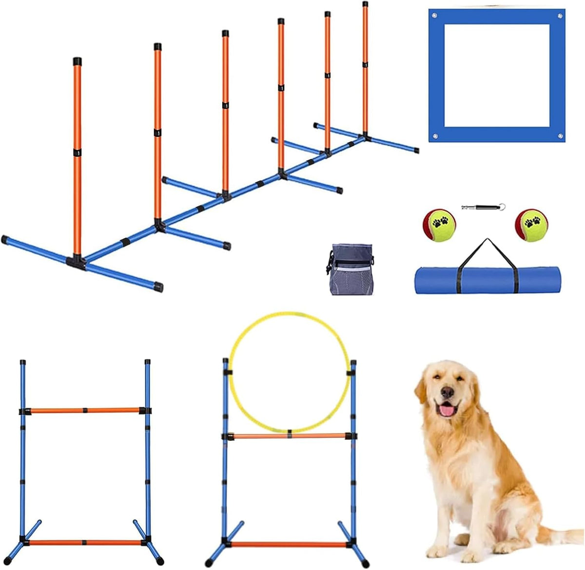 PLKO Dog Agility Equipment Set, Training Starter Kit Dog Obstacle Course,8 Weave Poles, Adjustable Hurdle, Jump Ring, Pause Box and Carrying Bag(Style C)