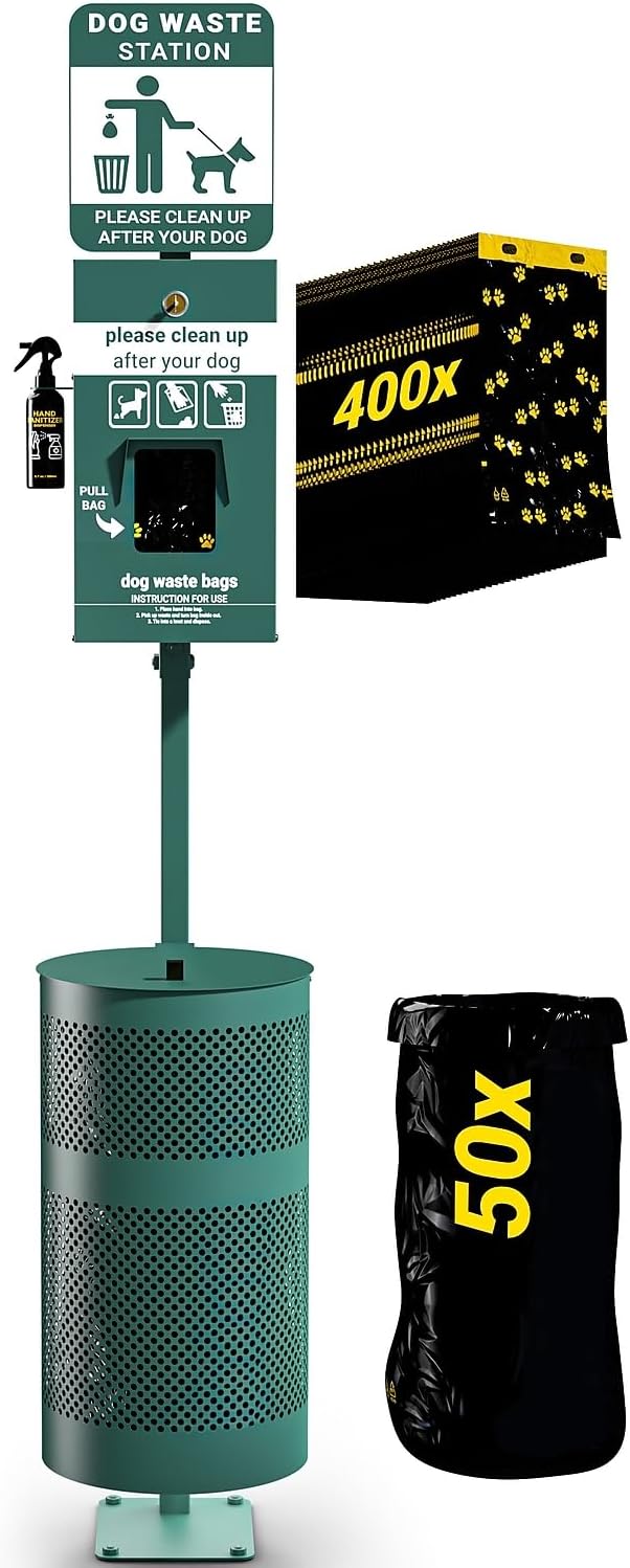 Flash Furniture Pet Waste Station with Glow in The Dark Sign, Green | Bag Dispenser, Hand Sanitizer Bottle, Trash Can with Lid, Includes 400 Pull Out Bags & 50 Can Liners, Commercial Use