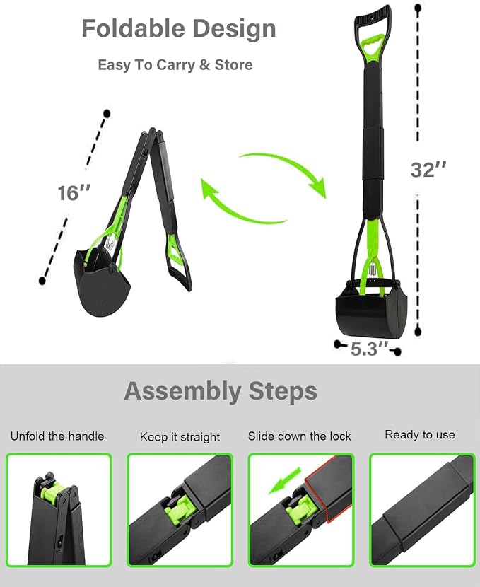 32" Dog Pooper Scooper, 2 Pack XL Tall Poop Scooper for All Kinds of Dogs | Durable Spring, Lightweight, Portable, Foldable, Long Handle, One-step Assembly, No Touch Pooper Tool for Yard, Grass, Gravel