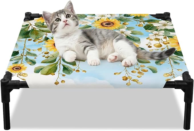 Outdoor Elevated Dog Bed for Small Dogs, Coastal Sunflower Vine Breathable Cooling Raised Dog Cot for Indoor/Outdoor, Summer Flower Blue Sky Garden Waterproof Elevated Pet Beds, S 20 x 20 in