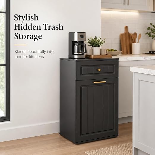 13 Gallon Pull Out Trash Can Cabinet with Drawer | Hidden Wooden Garbage Cabinet for Kitchen, Freestanding Modern Farmhouse Waste Bin Holder, Black