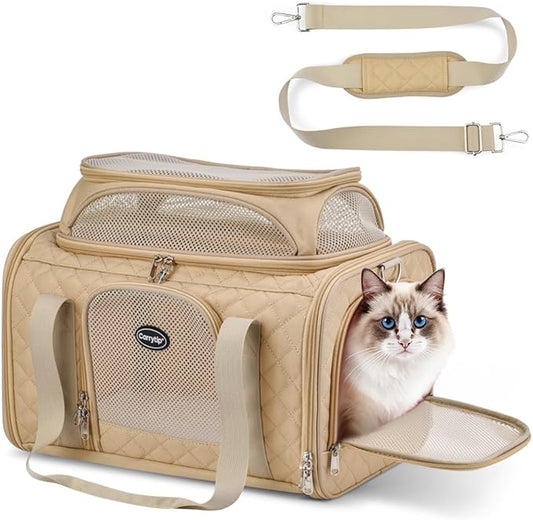 Cat Carrier Airline Approved 17x11x9.5 Inches, Top Expandable Soft Sided Pet Travel Carrier for Cats & Small Dogs, Fits Under Airline Seat with Locking Zippers, Brown