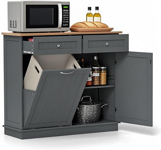POWERSTONE Hidden Tilt Out Trash Cabinet Kitchen Island with 2 Drawers & Adjustable Shelf, Rubber Wood Countertop, Freestanding Laundry Hamper Recycle Bins, Pet Proof Garbage Can Holder Grey