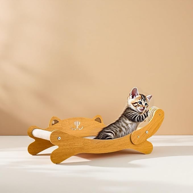 Wooden Cat Lounge Chair with Sisal Scratchable Ropes, Cute Cat-Shaped Raised Elevated Cat Bed & Sofa, Heavy Duty Indoor Kitty Scratcher Couch for Sleeping & Playing