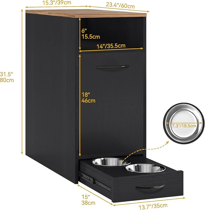 DWVO Dog Feeding Station with Storage & 2 Feeder Bowls | Dog Food Cabinet Pull Out Elevated Dogs Bowl, Black