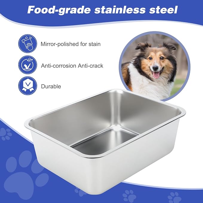 5 Gallon Large Dog Water Bowl, Stainless Steel Bowl, Giant Dogs | 5 Gallon Capacity, 17.7 x 13.8 x 6 in Size, Wide Rectangular Opening, Food or Water Use, Indoor Outdoor Use, Easy to Clean
