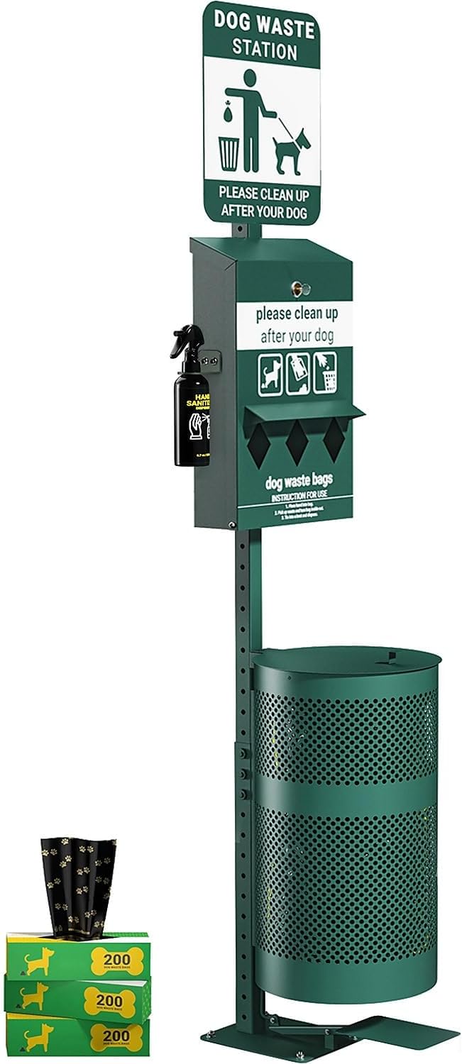 Flash Furniture Pet Waste Station with Pedal Trash Can, Green | Roll Bag Dispenser, Hand Sanitizer Bottle, 600 Waste Bags, 50 Can Liners, Durable Construction, Commercial Use