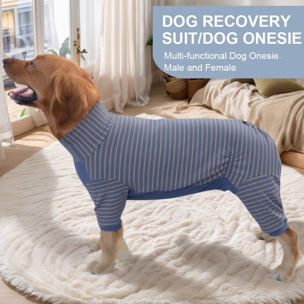 Dog Pyjamas PJS Sweater Clothes and Home Clothing Suitable for Medium to Large Breeds of Dogs, Dog Neutering Suits, Extra-Large Stretch Fabric, Four-Legged (Thickened Blue Stripes, 3XL)