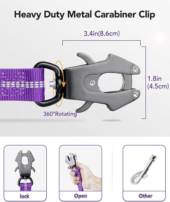 Joytale Tactical Bungee Dog Leash, Shock Absorbing No Pull, Purple | for Large Dogs That Pull, 2 Padded Handles for Control, Car Seatbelt Clip, Reflective for Night Safety, Metal Frog Clip