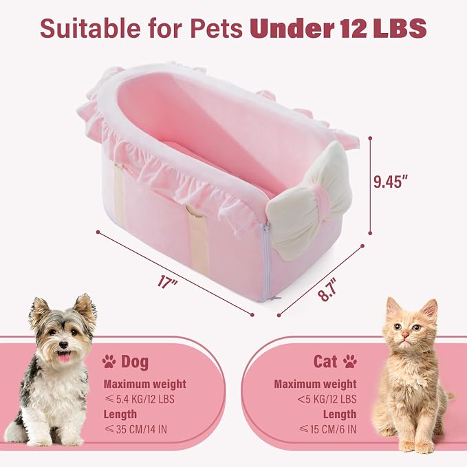 Jaoul Dog Car Seat for Small Dogs - Fully Detachable with Adjustable Straps Center Console Dog Booster Seat - Comfortable Bow Design Pet Car Seats - Portable Pet Booster Seat for Puppy, Cat (Pink)