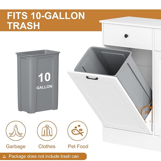 CABIHOME Double Tilt-Out Trash Cabinet with Drawers & Deodorizer | 20 gal farmhouse wooden dual bin trash and recycling cabinet. Dog proof hidden waste station for kitchen or laundry.