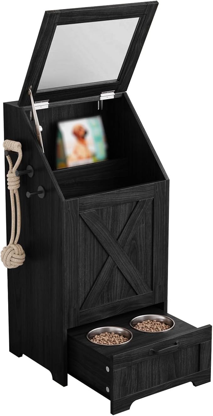 Dog Feeding Station,Dog Food Storage Cabinet,Pet Feeding Station with 2 Elevated Bowls,Hidden Pet Feeder Station with Hooks,Flip Top Pet Storage Organizer for Water,Feeding (Black)