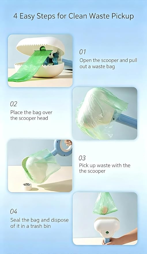 Long Handle Pooper Scooper for Dogs Cats Heavy Duty Pet Waste Pickup Tool(Yellow,L 14.2×6.3''6 Rolls Poop Bags) | Spring-loaded tight jaw Dual-use scoop works for backyard lawns, sidewalks, kennels, and indoor litter boxes alike