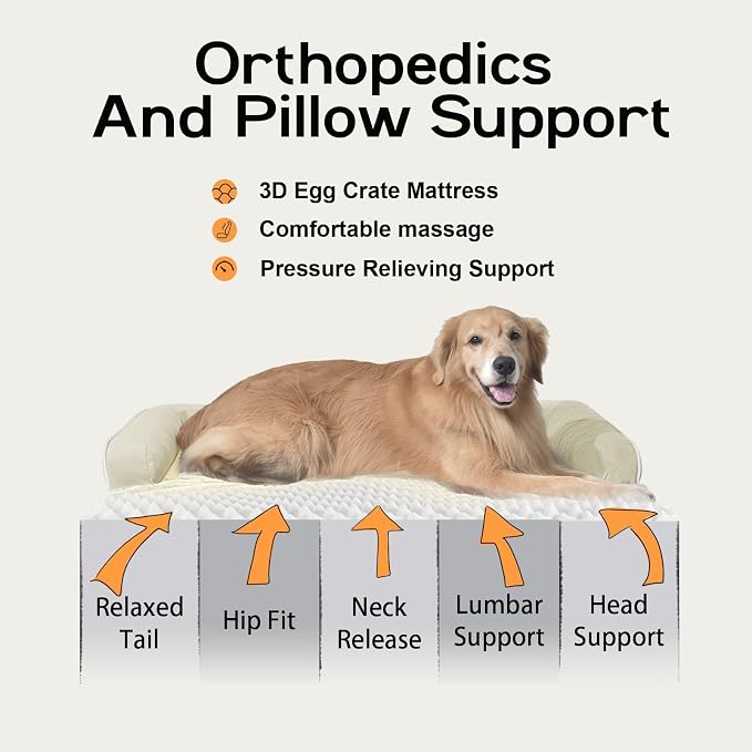 Orthopedic Waterproof Dog Bed with Bolster for Extra Large Size Dogs | Pillow Support for Neck Relief, Egg Crate Foam, Waterproof Liner, Anti-Slip Bottom, Removable Bolster Cover, 48 x 33 Inch