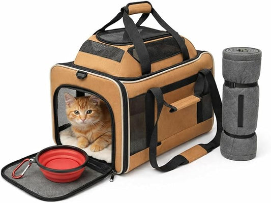 Cat Carrier Dog Carrier Airline Approved, Pet Carrier for 2 Cats Small Medium Dogs, Soft Cat Carrier 18x15x15 with Foldable Bowl & Washable Pad, TSA Approved Dog Carriers by Luniko Shop (Orange)