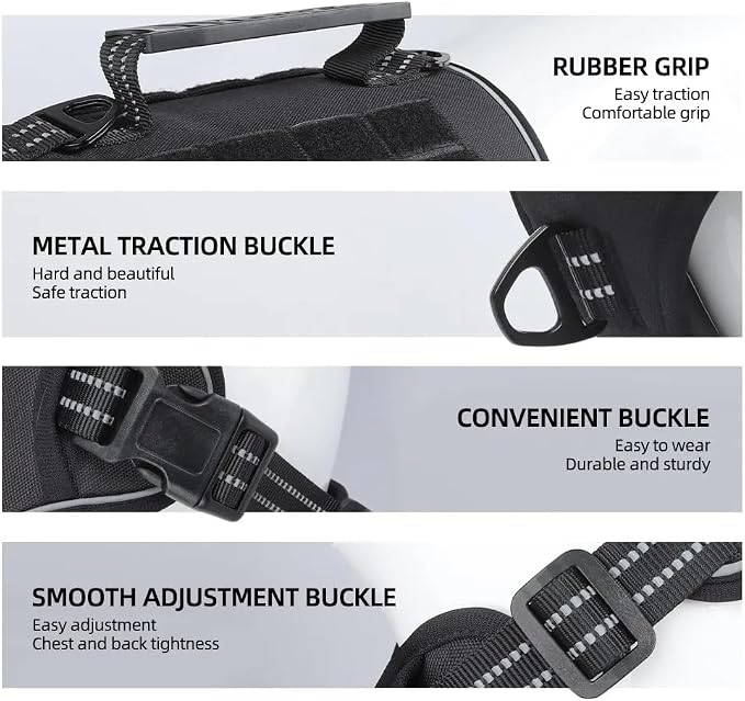 Tactical Dog Harness with Leash for Large Dogs, No Pull Adjustable Dog Harness, Reflective K9 Working Pet Vest for Walking, Training (Black, L)