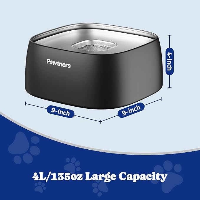 Upgrade No Spill Water Bowl for Dogs, 135oz/4L All Stainless Steel Dog Water Bowl with Non-Slip Base, Spill Proof for Medium Large Messy Drinkers, Anti Splash, Slow Drinking, Slobber Stopper, Black