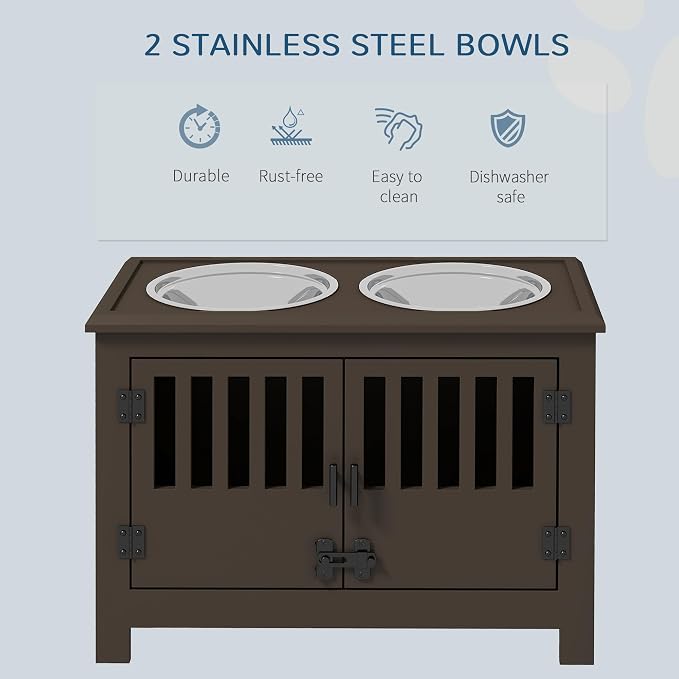 PawHut Large Elevated Dog Bowls with Storage Cabinet - 37L Capacity, Raised Dog Bowl Stand Feeding Station, Espresso | Raised Dog Bowl Stand Pet Food Bowl Dog Feeding Station