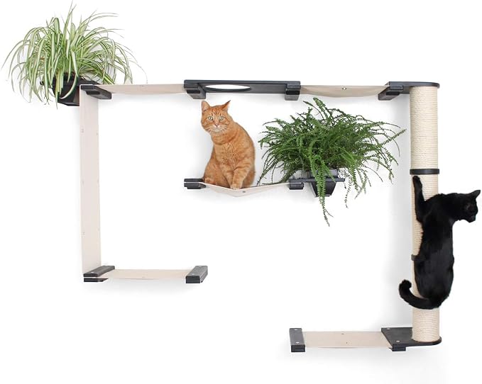CatastrophiCreations Mini-Garden - Multiple-Level Cat Hammock & Climbing Activity Center - Wall-Mounted Cat Tree Shelves Natural/Charcoal, Natural Bamboo/Charcoal Gray Canvas, MGD11NACH