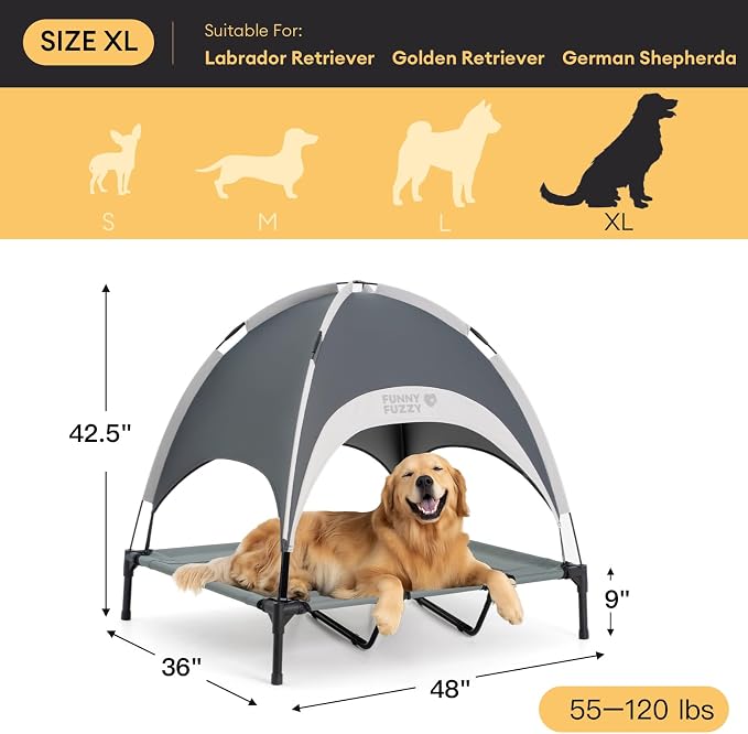 Outdoor Elevated Dog Bed with Canopy Large Sized Dog, 48" Grey | Portable Raised Camping Pet Cot Hammock,Breathable Teslin Mesh,Waterproof,For Large Pets Up to 120 lbs,Easy to Assemble
