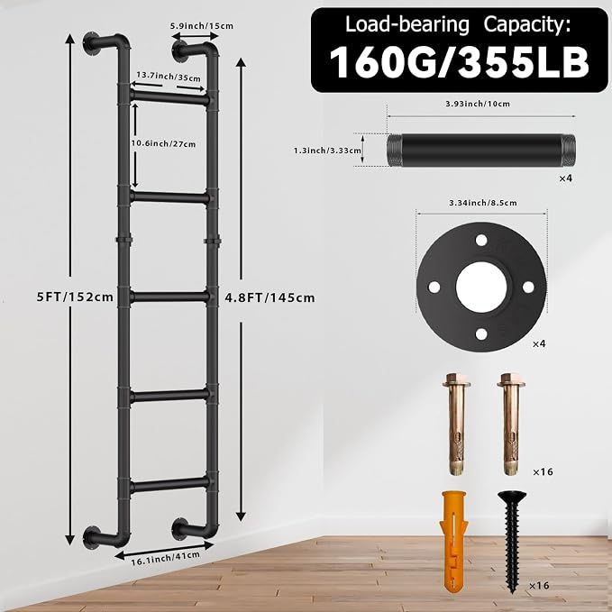 3/4/5/6/7/8FT Black Wall Mounted Steel Ladder, 5-Step Egress Ladder for Window Well, Loft, Bunk Bed, Camper, RV | Floor/Wall Mounted Indoor Safety Climb for Bedroom, Basement, Gym, Dorm & Small Spaces