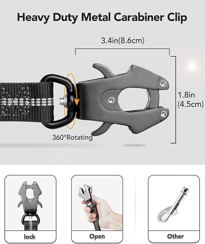 Joytale Tactical Bungee Dog Leash, Shock Absorbing No Pull, Black | For Large Dogs That Pull, 2 Padded Handles for Control, Car Seatbelt Clip, Reflective for Night Safety, Metal Frog Clip