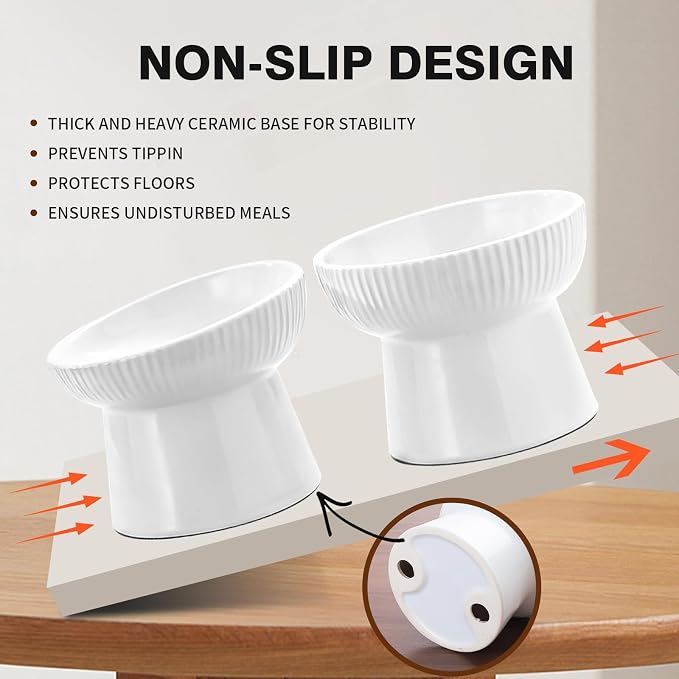 Elevated Cat Food Bowl, Ceramic Raised and Tilted Water Bowl, Whisker Fatigue Cat Bowls for Indoor Cats, Anti Vomiting and Protect Spines Pet Feeding Dishes for Kittens Small Dog, Heavy Non-Slip Base