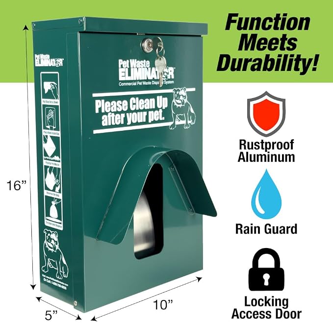 Dog Waste Station Dispenser Box, Fits Any Dog Poop Bag, Made of Rust-Proof Aluminum, Pet Waste Bag Dispenser with Lock and Rainguard, For Commercial Use, Parks, Condos & HOA (No bags included) (Green)