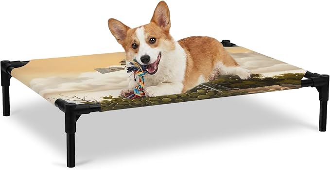Outdoor Elevated Dog Bed for Large Dogs, Windmill Breathable Cooling Raised Dog Cot for Indoor/Outdoor, Sunset Horizon Farmhouse Trees Waterproof Elevated Pet Beds, L 28 x 22 in