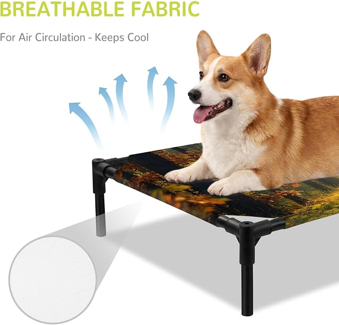 Outdoor Elevated Dog Bed for Large Dogs, Forest Breathable Cooling Raised Dog Cot for Indoor/Outdoor, Sunlight Rustic Trees Orange Green Mystery Waterproof Elevated Pet Beds, L 28 x 22 in