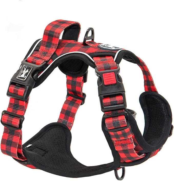 PoyPet Plaid Dog Harness Large, No Pull Vest with Front Clip & Neck Buckle | Padded Handle, Reflective, No Choke, Lockable, 2 Leash Rings, Full Adjustable, for Training Walking, L, Checkered Red