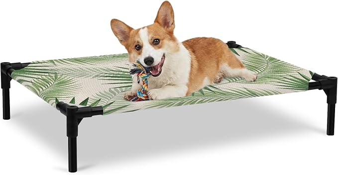 Outdoor Elevated Dog Bed for Large Dogs, Summer Leaves Breathable Cooling Raised Dog Cot for Indoor/Outdoor, Rustic Tropical Palm Leaf Plants Branches Waterproof Elevated Pet Beds, L 28 x 22 in